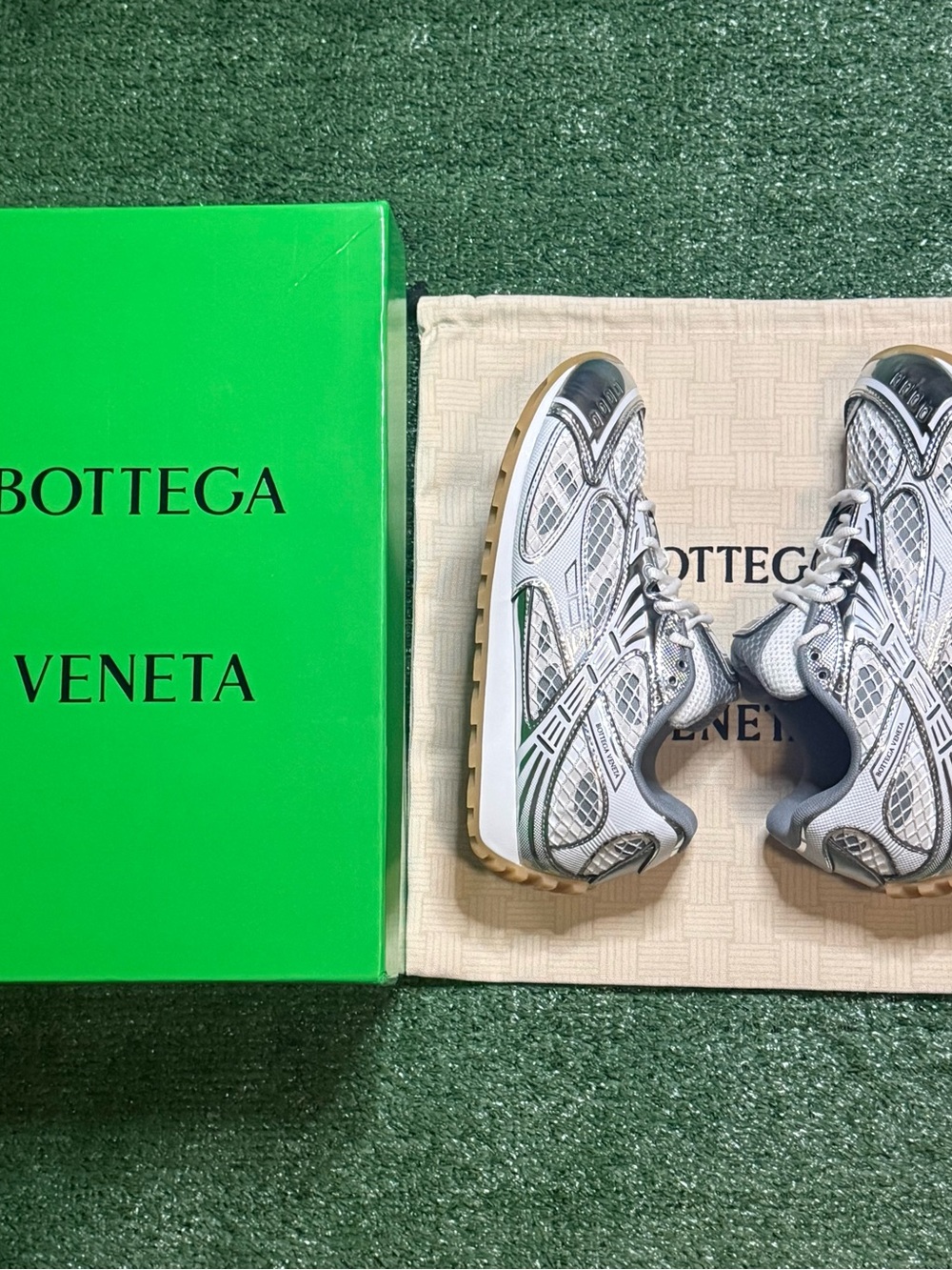 Bottega Veneta Silver and White Mesh Runner Sneakers